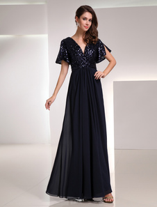 Robe de soirée A-ligne bleue marine foncée de col V