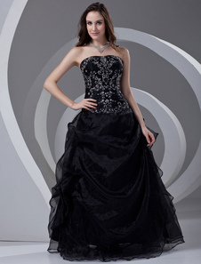 Robe boule en organza noir brodé bustier