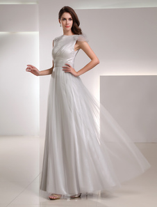 Robe de soirée A-ligne argente en gaze col bateau