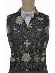 Gilet steampunk rétro noir en jacquard imprimé