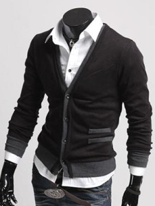 Cardigan en coton noir de col V avec fausse poche