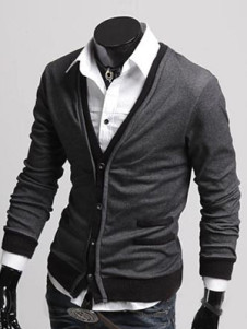 Cardigan en coton gris foncé de col V avec fausse poche