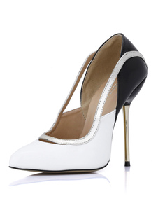 Escarpin à talons hauts en cuir avec touche de blanc et noir et chaîne métal
