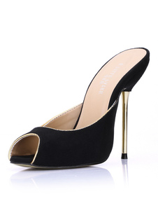 Sexy noir mules en suédé avec bout ouvert et talons d'or