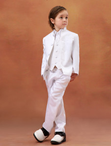 Costume sublime cortège enfant blanc en satin bouton sur le devant