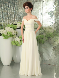 Robe de soirée A-ligne ivoire avec dentelle hors de l'épaule