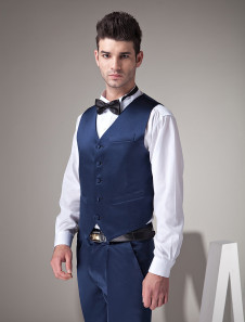 Brillant marié gilet en satin bleu marine personnalisé noble en col V pour mariage