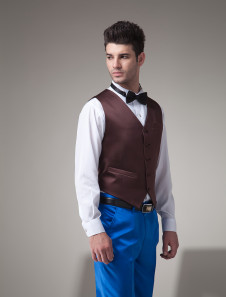 Brun gilet de mari pour cérémonie personnalisé en satin et col V