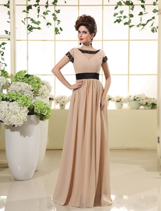 Robe de soirée A-ligne champagne en chiffon avec col rond à traîne