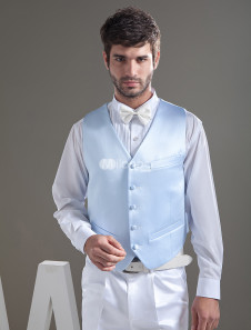 Bleu ciel gilet en satin de marié de personnalisation en col V