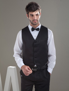 Classique mari gilet noir en satin et col V avec boutons