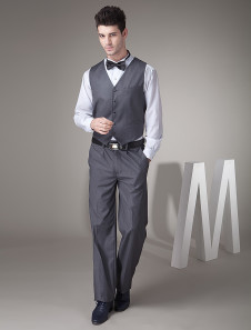 Noble élégant gilet de marié en satin gris de personnalisation avec col V et boutons pour mariage