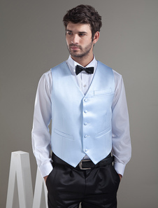 Bleu ciel gilet beau en satin de marié de personnalisation en col V