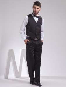 Classique noir gilet en satin pour nouveau mari en col V
