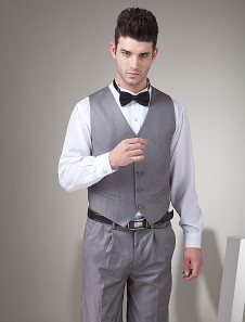 Classique gris satin nouveau marié gilet avec col V et boutons de mariage