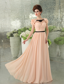 Lumière rose dentelle Sash Backless a-ligne en mousseline de soie robe de soirée