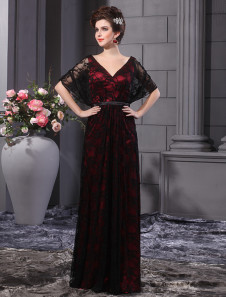 Robe de soirée noire avec dentelle de col V longueur plancher