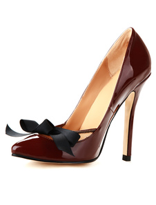 Verni rouge escarpin à talons aigus sexy en cuir avec bow noir
