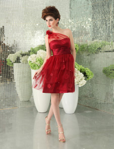 Robe de mariée A-ligne bordeaux en fausse soie et en gaze à une épaule mini