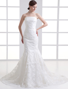 Mariée robe élégante sirène ivoire en dentelle bustier avec noeud à traîne courte