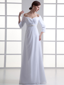 Robe de mariage A-ligne blanche en chiffon avec encolure coeur, longueur plancher