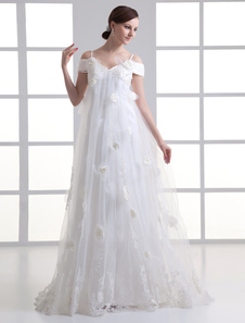 Robe mariée A-ligne en tulle ivoire avec perles à traîne