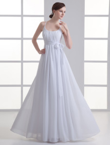 Robe de mariage A-ligne blanche en chiffon avec col rond, longueur plancher