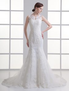 Robe de mariée sirène ivoire en dentelle à traîne courte