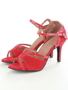 Belles chaussures de danse latine en tissu de terry rouges avec ruban aux chevilles