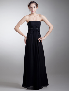 Robe de soirée taille empire noire en chiffon bustier, longueur plancher