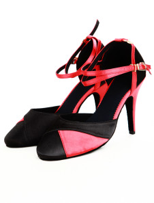 Belles chaussures de danse latine en soie et satin bicolore effet color-block avec ruban aux chevill