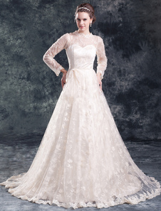 Robe de mariée boule champagne en dentelle à traîne courte avec col rond