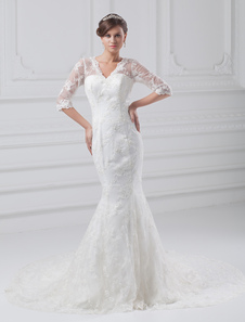 Robe de mariée sirène ivoire en dentelle à traîne courte col V