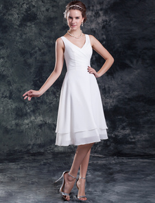 Robe de mariée A-ligne blanche en chiffon col V longueur genou