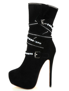 Demi-bottes en peau de mouton noir avec décoration de bracelet en rhinestones à talons hauts