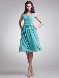 Robe de soirée boule vert forête en chiffon à bretelles , longueur genou