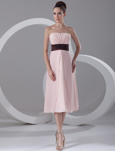 Robe de cocktail en chiffon rose bustier avec ceinture