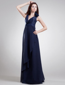Robe de soirée en chiffon bleu foncé avec ceinture col V