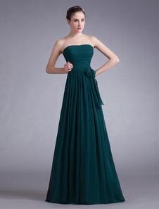 Robe de soirée bustier en chiffon vert foncé avec noeud