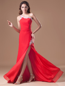 robe énigmatique de soirée rouge boule en chiffon à une épaule asymétrique