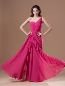 Grace Fuchsia Chiffon Cascading Ruffle One-Shoulder Women's Evening Dress 