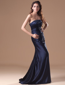 robe de soirée magnifique bleu marine foncée boule en satin élastique bustier à traîne chapelle