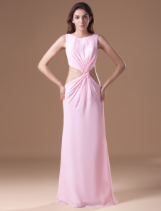 robe énigmatique de soirée rose boule en chiffon hors de l'épaule longueur plancher