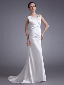 robe de soirée éblouissante ivoire boule en satin stretch hors de l'épaule à traîne courte