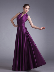 Robe de soirée boule en satin stretch pourpre à licou