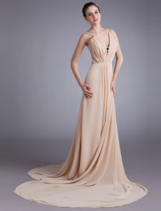 robe de soirée magnifique champagne boule en chiffon à bretelles à traîne courte