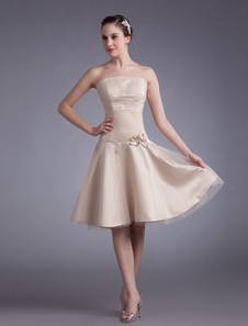 Robe de cocktail A-ligne en tulle champagne bustier avec fleur