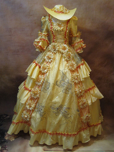 Robe royale satin jaune charmante, motif floral