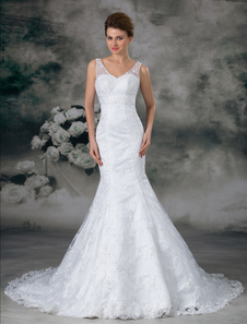 Robe de mariée sirène blanche en dentelle hors de l'épaule à traîne courte