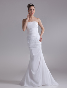 Robe de mariée sirène blanche en taffetas bustier à traîne chapelle